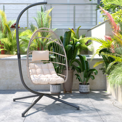 Cleo Patio Hanging Egg Chair, Wicker Hammock with Soft Seat Cushions & Swing Stand, Indoor/Outdoor Cushions