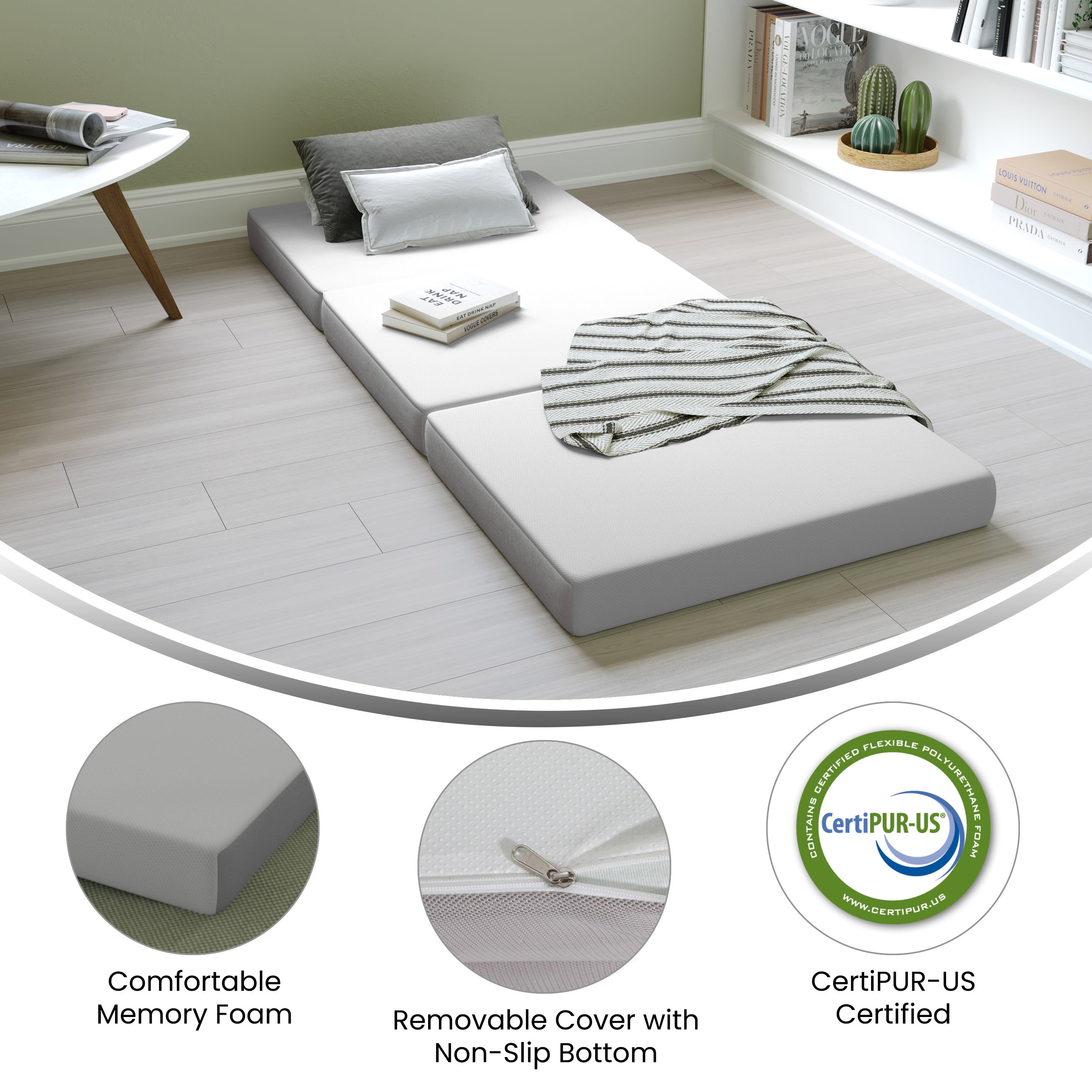 Flash Furniture Cloud Portable Tri Fold 4 Cooling Memory Foam Cot Mattress in A Box with Removable Washable Cover