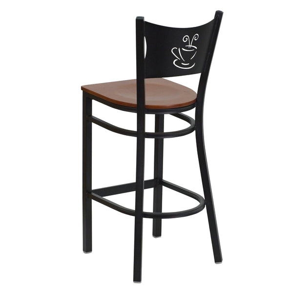 Cherry Wood Seat/Black Metal Frame |#| Black Coffee Back Metal Restaurant Barstool with Cherry Wood Seat
