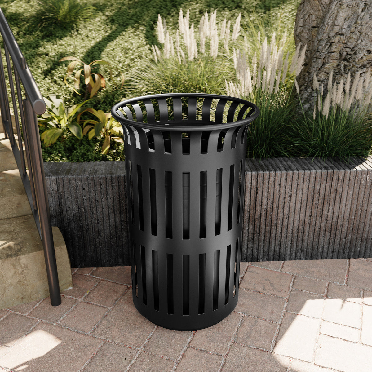 Black |#| Commercial Outdoor Round Slatted Steel 37 Gallon Trash Can with Inner Bin in Blk