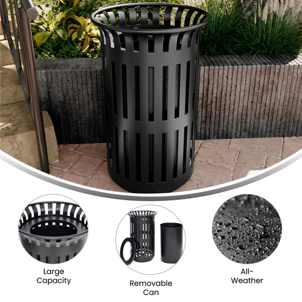 Black |#| Commercial Outdoor Round Slatted Steel 37 Gallon Trash Can with Inner Bin in Blk