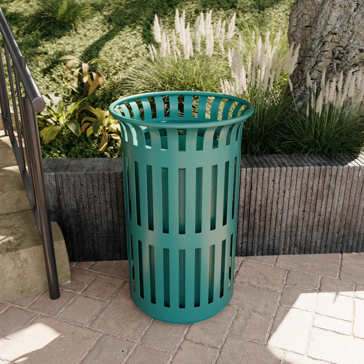 Green |#| Commercial Outdoor Round Slatted Steel 37 Gallon Trash Can with Inner Bin in Grn