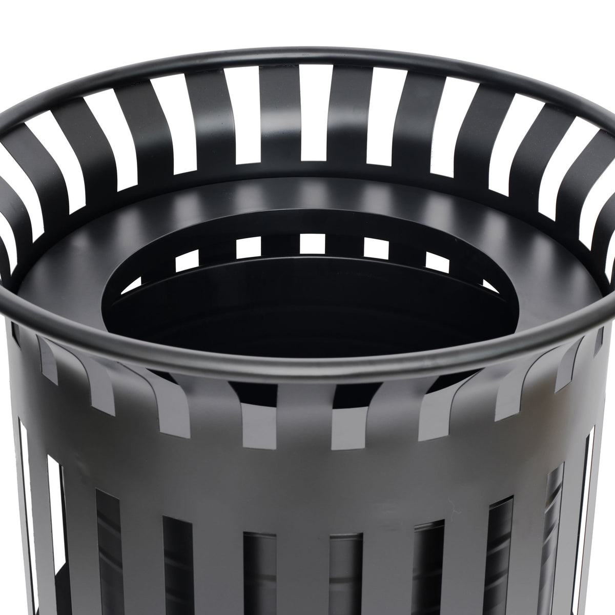 Black |#| Commercial Outdoor Round Slatted Steel 37 Gallon Trash Can with Inner Bin in Blk