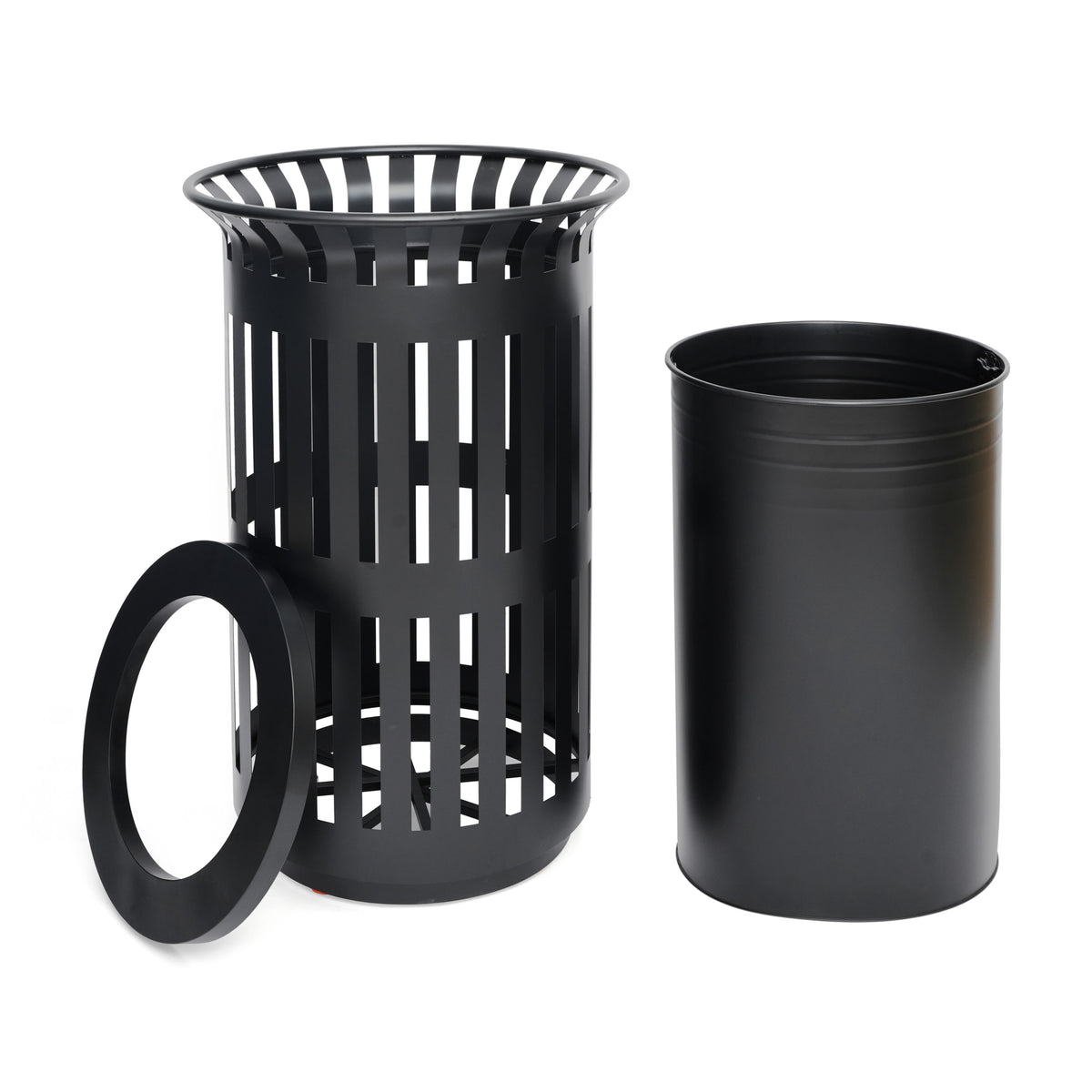 Black |#| Commercial Outdoor Round Slatted Steel 37 Gallon Trash Can with Inner Bin in Blk
