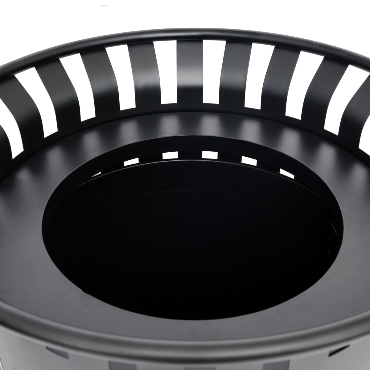 Black |#| Commercial Outdoor Round Slatted Steel 37 Gallon Trash Can with Inner Bin in Blk