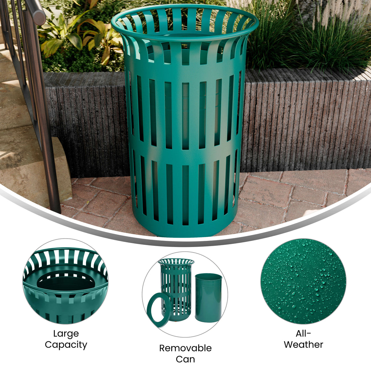 Green |#| Commercial Outdoor Round Slatted Steel 37 Gallon Trash Can with Inner Bin in Grn