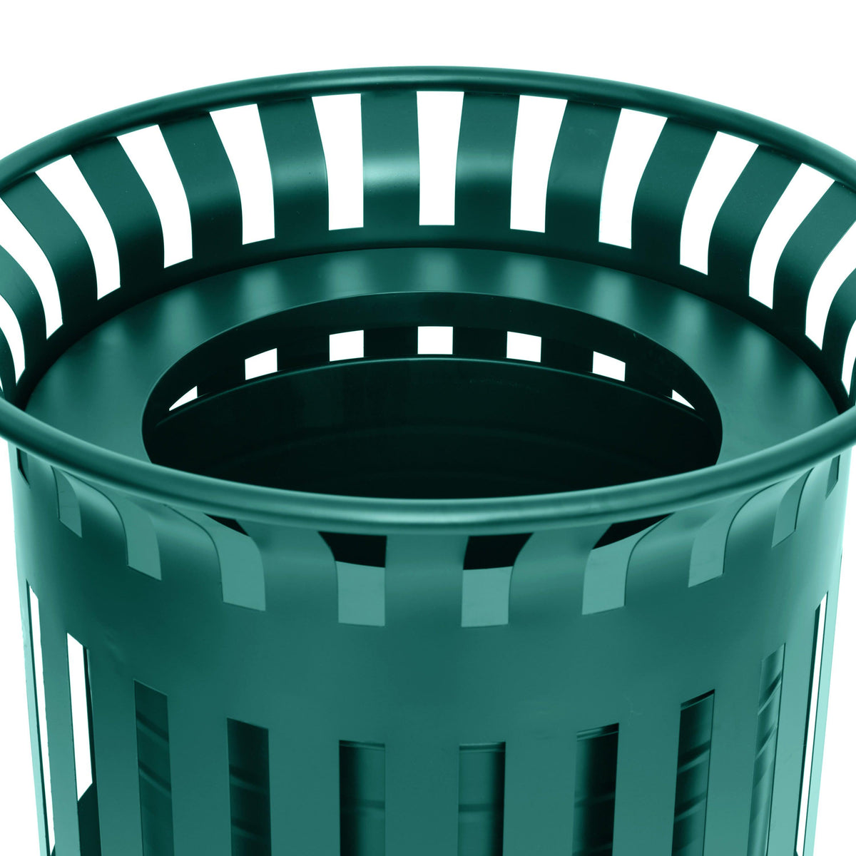 Green |#| Commercial Outdoor Round Slatted Steel 37 Gallon Trash Can with Inner Bin in Grn