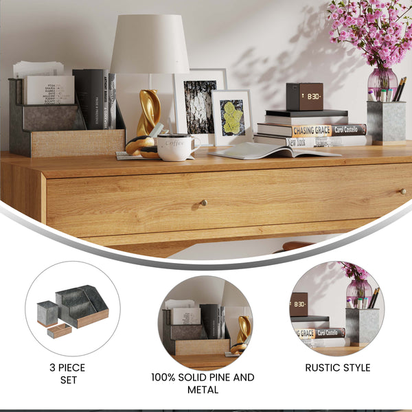 Galvanized |#| Galvanized Finish Metal and Rustic Wood 3 Piece Desktop or Vanity Organizer Set