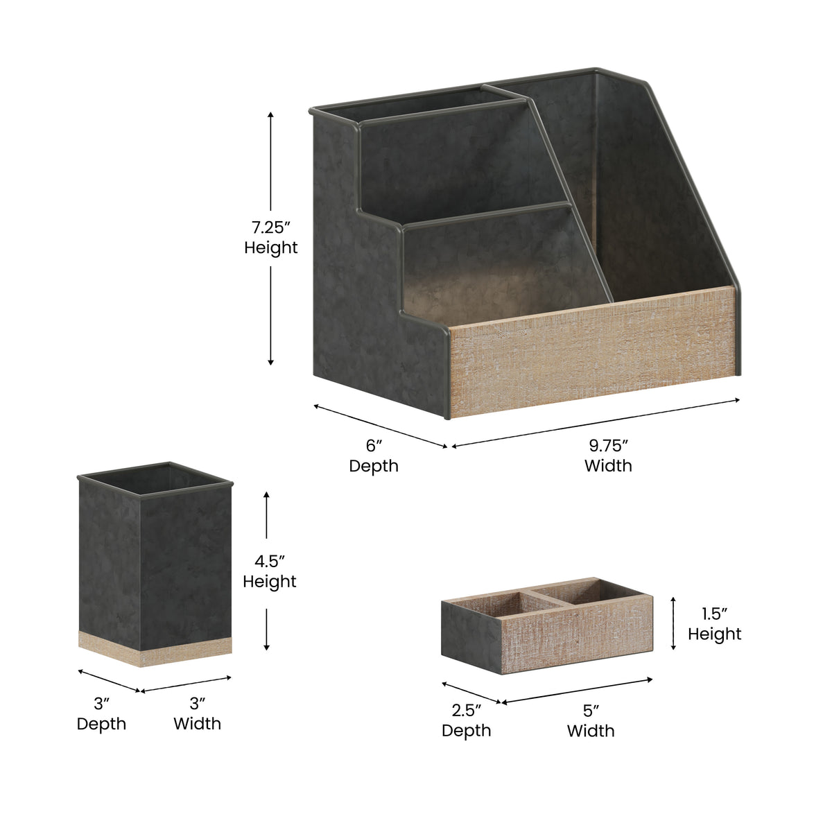Galvanized |#| Galvanized Finish Metal and Rustic Wood 3 Piece Desktop or Vanity Organizer Set