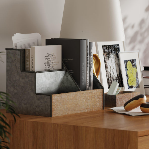 Galvanized |#| Galvanized Finish Metal and Rustic Wood 3 Piece Desktop or Vanity Organizer Set