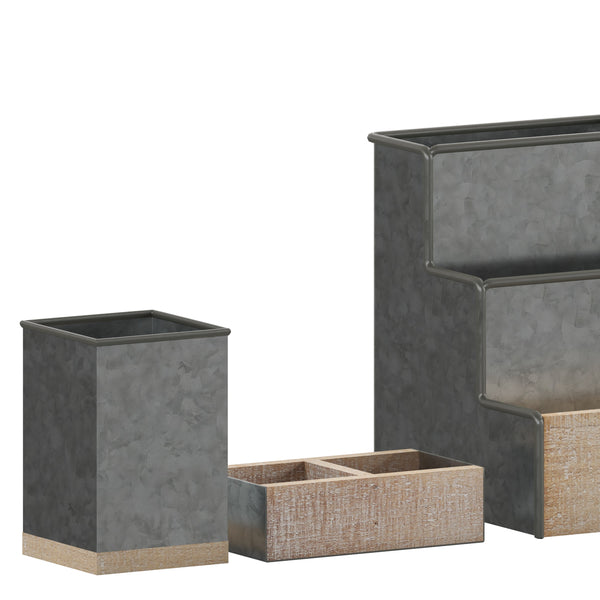 Galvanized |#| Galvanized Finish Metal and Rustic Wood 3 Piece Desktop or Vanity Organizer Set