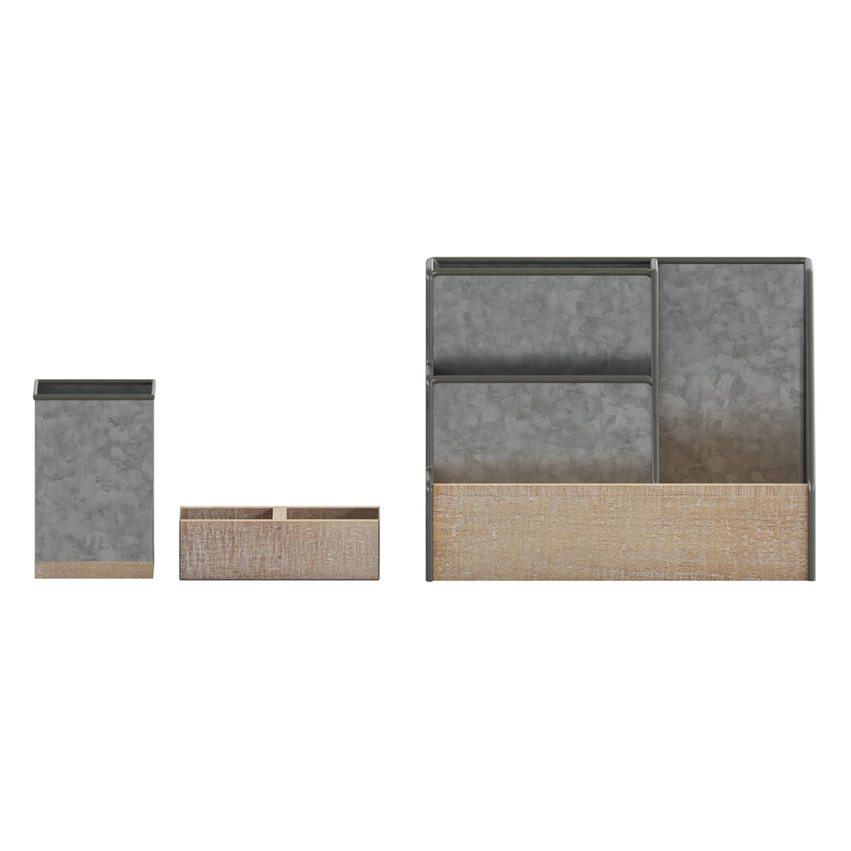 Galvanized |#| Galvanized Finish Metal and Rustic Wood 3 Piece Desktop or Vanity Organizer Set