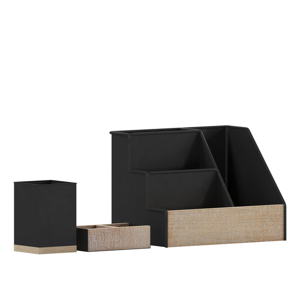 Black |#| Black Finish Metal and Rustic Wood 3 Piece Desktop or Vanity Organizer Set