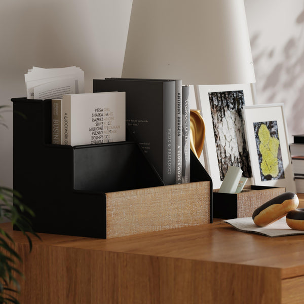 Black |#| Black Finish Metal and Rustic Wood 3 Piece Desktop or Vanity Organizer Set