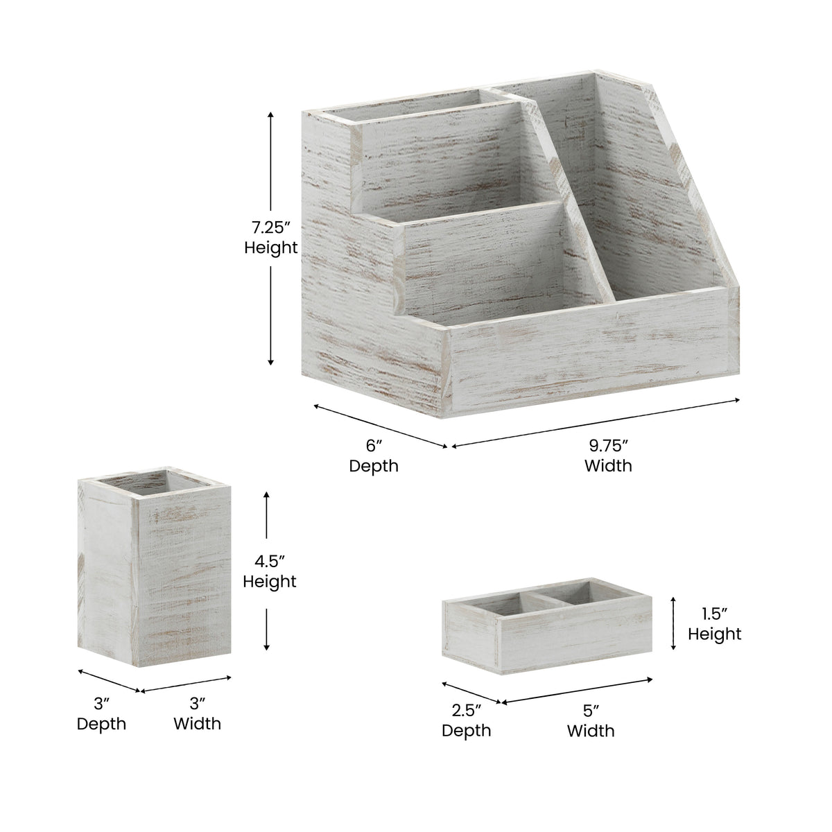 White Wash |#| Whitewashed Wooden 3 Piece Organization Set for Desktop, Tables, or Vanity