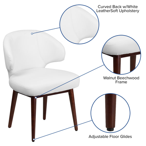 White LeatherSoft |#| White LeatherSoft Side Reception Chair with Walnut Legs - Hospitality Furniture