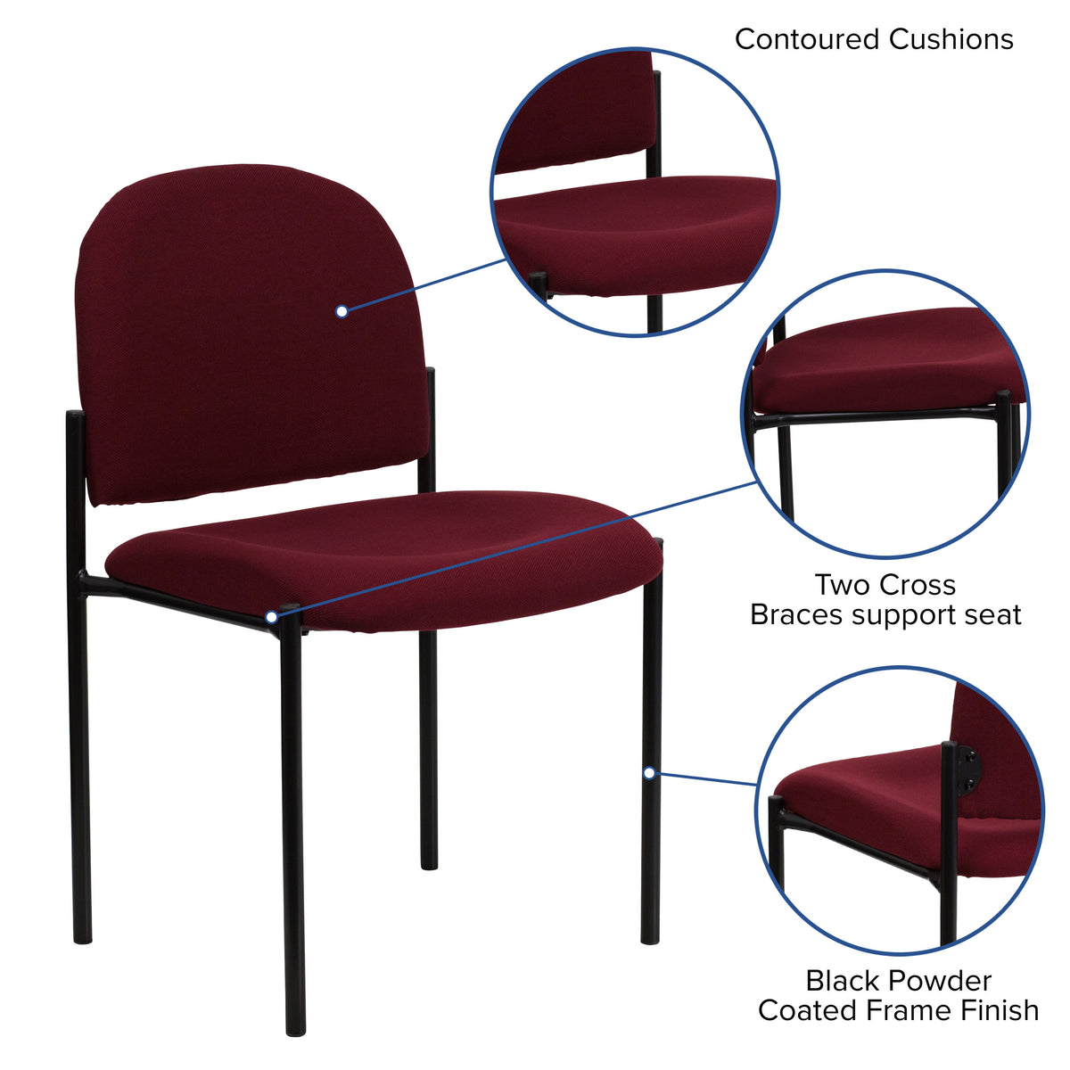 Burgundy Fabric |#| Comfort Burgundy Fabric Stackable Steel Side Reception Chair - Home Office