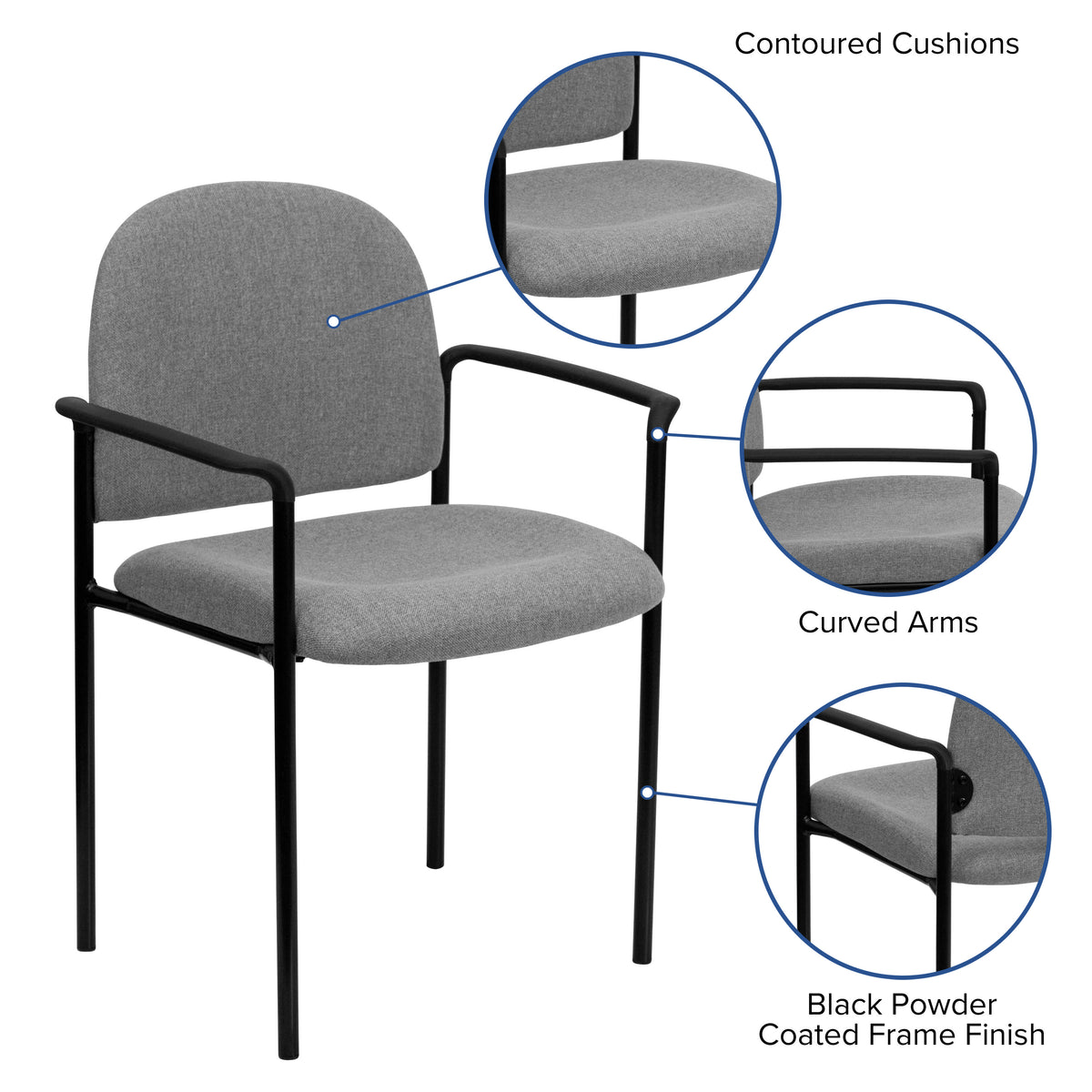 Gray Fabric |#| Comfort Gray Fabric Stackable Steel Side Reception Chair with Arms - Guest Chair