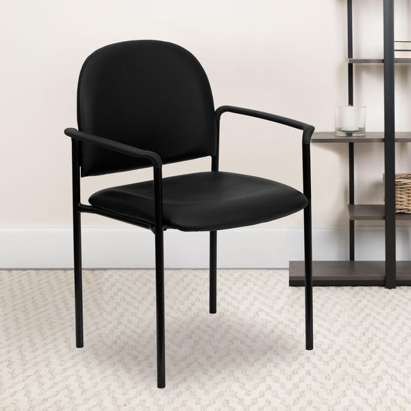 Black Vinyl |#| Comfort Black Vinyl Stackable Steel Side Reception Chair with Arms - Guest Chair