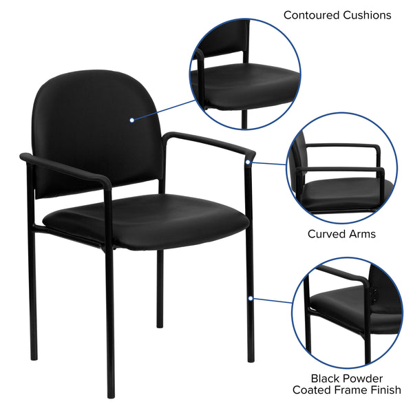 Black Vinyl |#| Comfort Black Vinyl Stackable Steel Side Reception Chair with Arms - Guest Chair