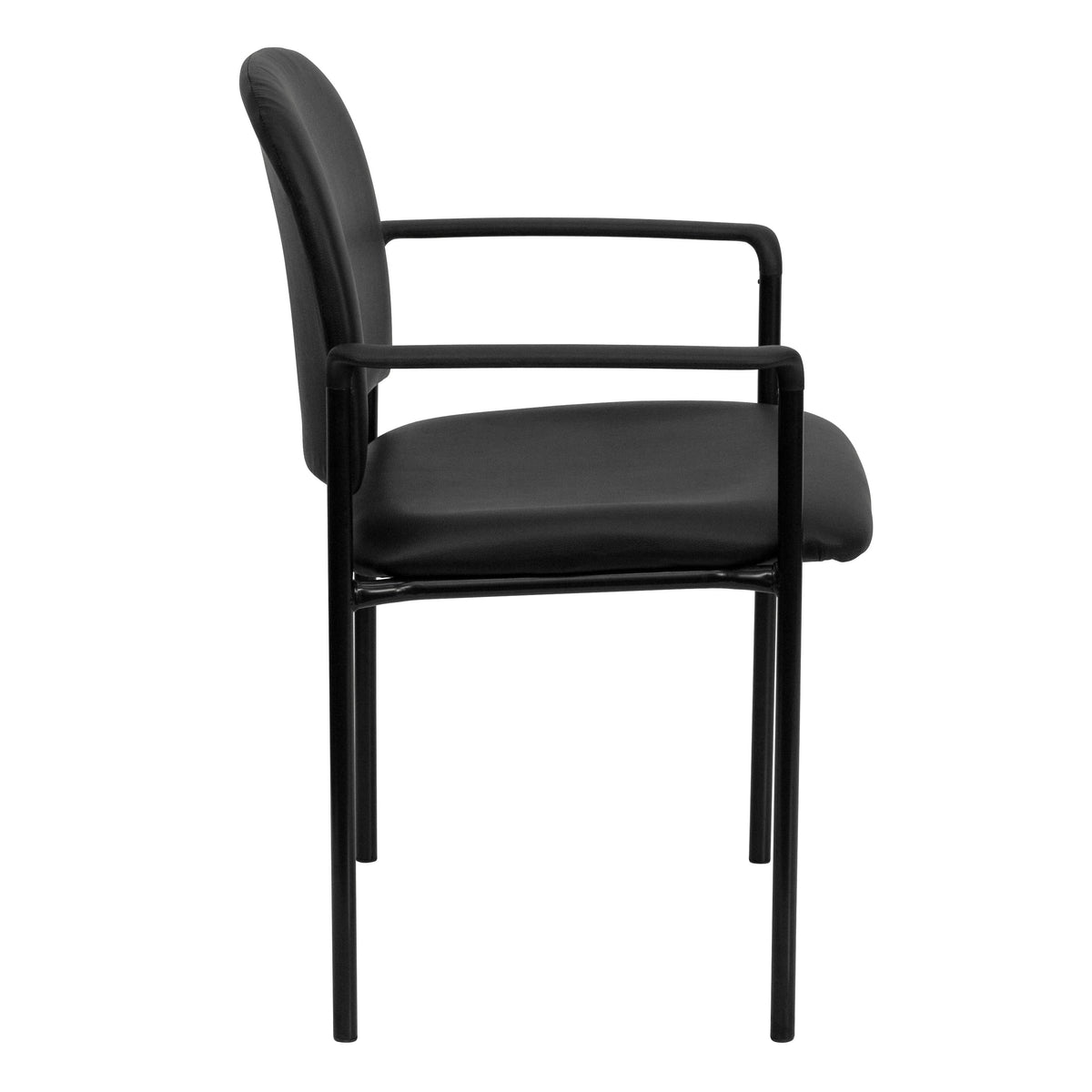 Black Vinyl |#| Comfort Black Vinyl Stackable Steel Side Reception Chair with Arms - Guest Chair