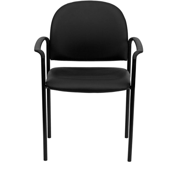 Black Vinyl |#| Comfort Black Vinyl Stackable Steel Side Reception Chair with Arms - Guest Chair