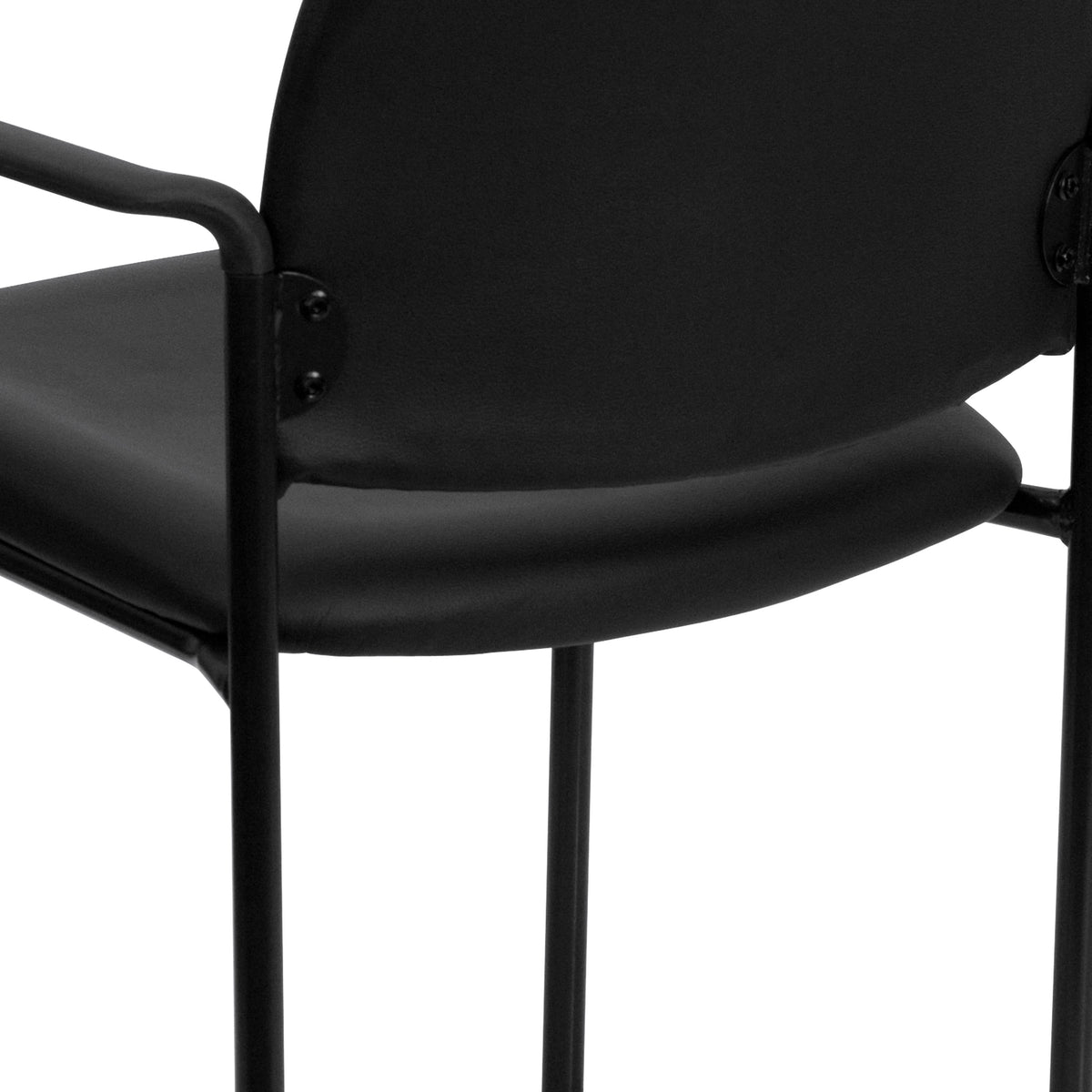 Black Vinyl |#| Comfort Black Vinyl Stackable Steel Side Reception Chair with Arms - Guest Chair