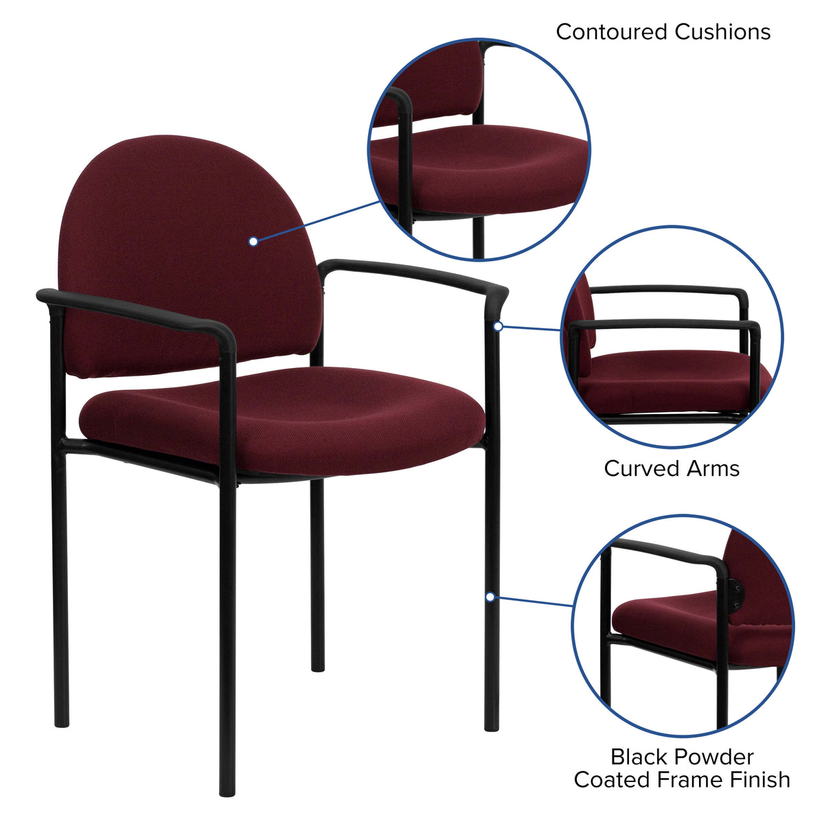 Burgundy Fabric |#| Comfort Burgundy Fabric Stackable Steel Side Reception Chair with Arms - Office