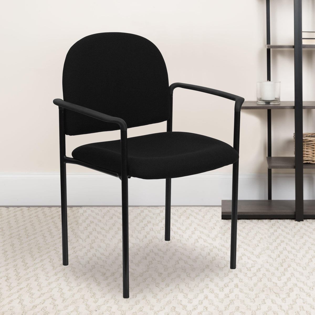 Black Fabric |#| Comfort Black Fabric Stackable Steel Side Reception Chair w/ Arms - Guest Chair