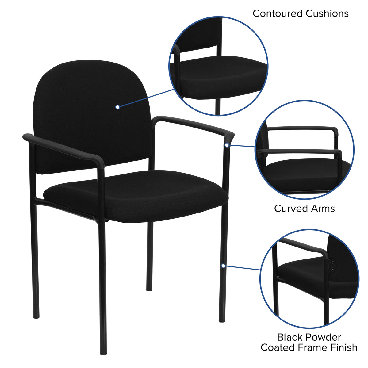 Black Fabric |#| Comfort Black Fabric Stackable Steel Side Reception Chair w/ Arms - Guest Chair