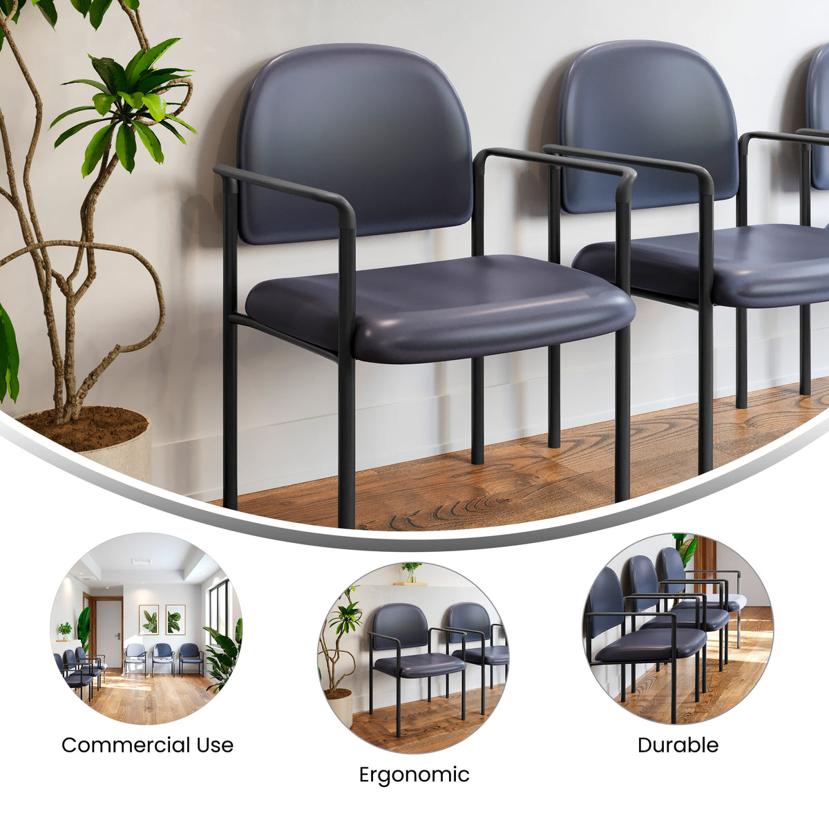 Navy Vinyl |#| Comfort Navy Vinyl Stackable Steel Side Reception Chair w/ Arms - Guest Chair