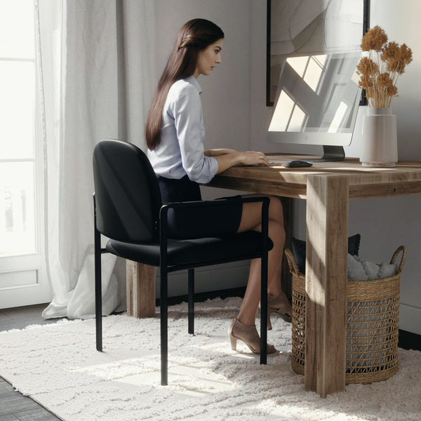 Black Vinyl |#| Comfort Black Vinyl Stackable Steel Side Reception Chair with Arms - Guest Chair