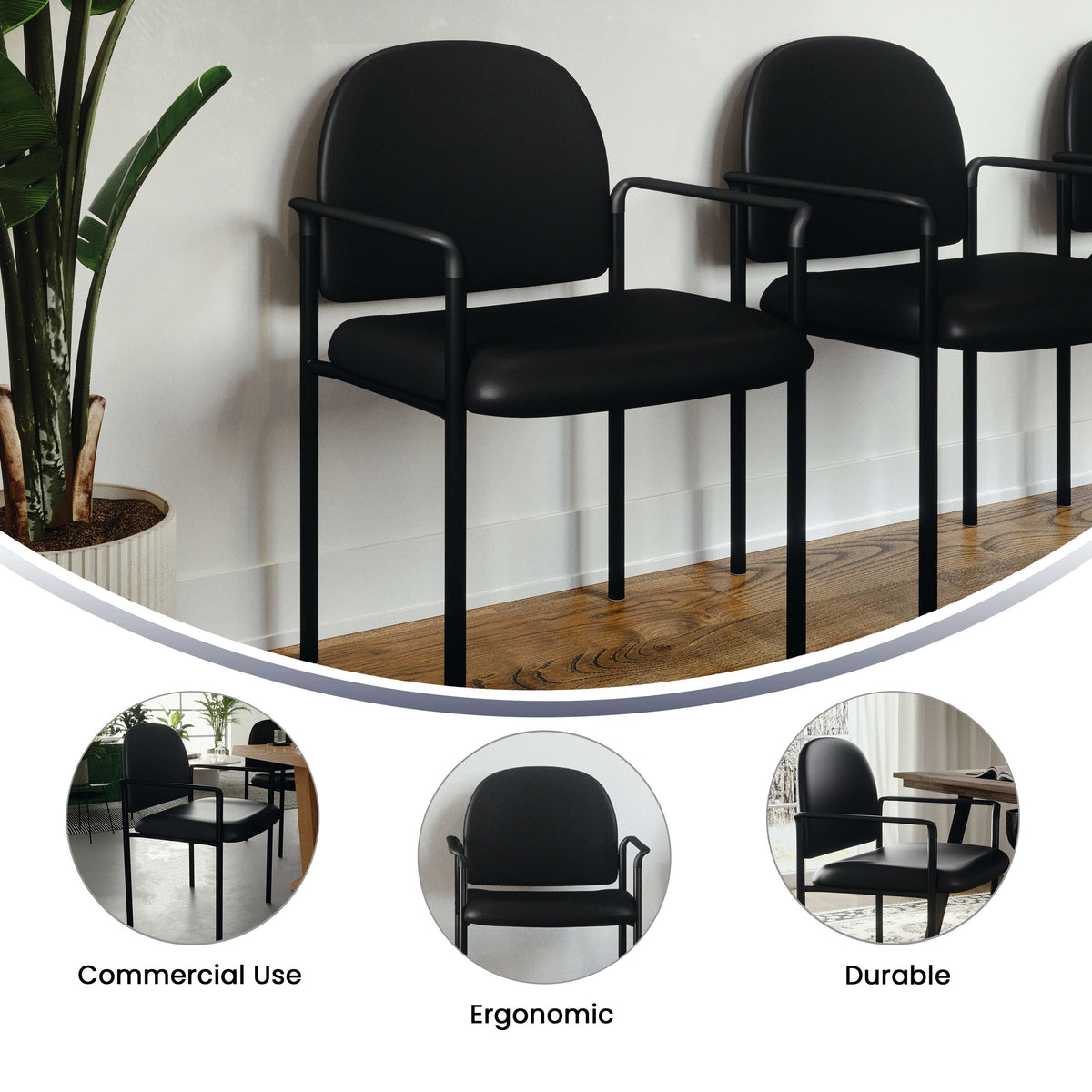 Black Vinyl |#| Comfort Black Vinyl Stackable Steel Side Reception Chair with Arms - Guest Chair