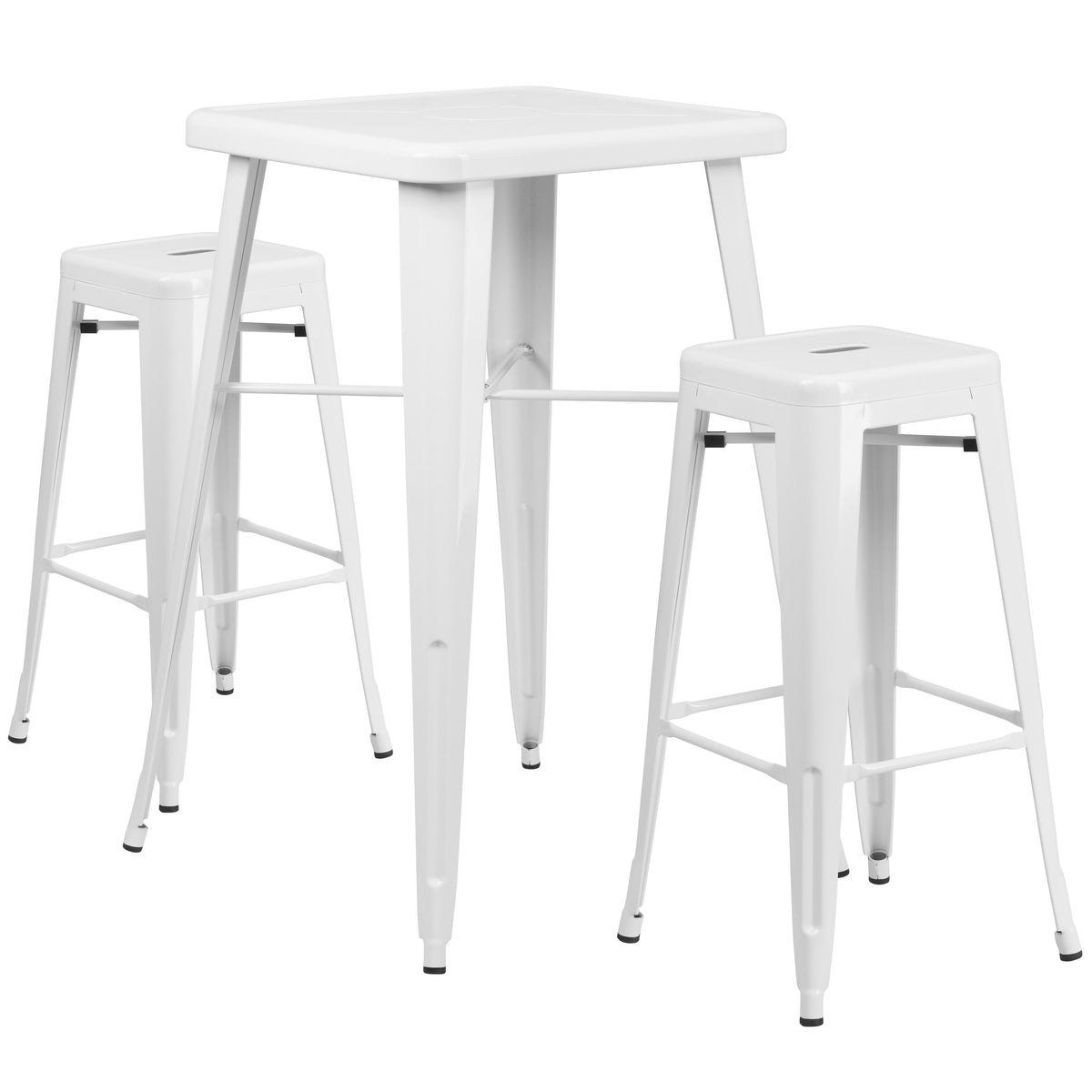 White |#| 23.75inch Square White Metal Bar Table Set with 2 Square Seat Backless Stools