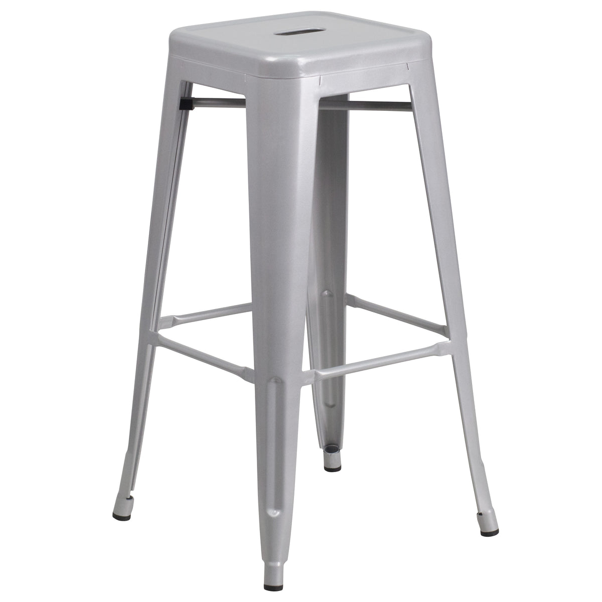 Silver |#| 23.75inch Square Silver Metal Bar Table Set with 2 Square Seat Backless Stools