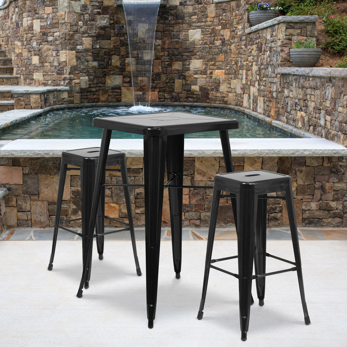 Black |#| 23.75inch Square Black Metal Bar Table Set with 2 Square Seat Backless Stools