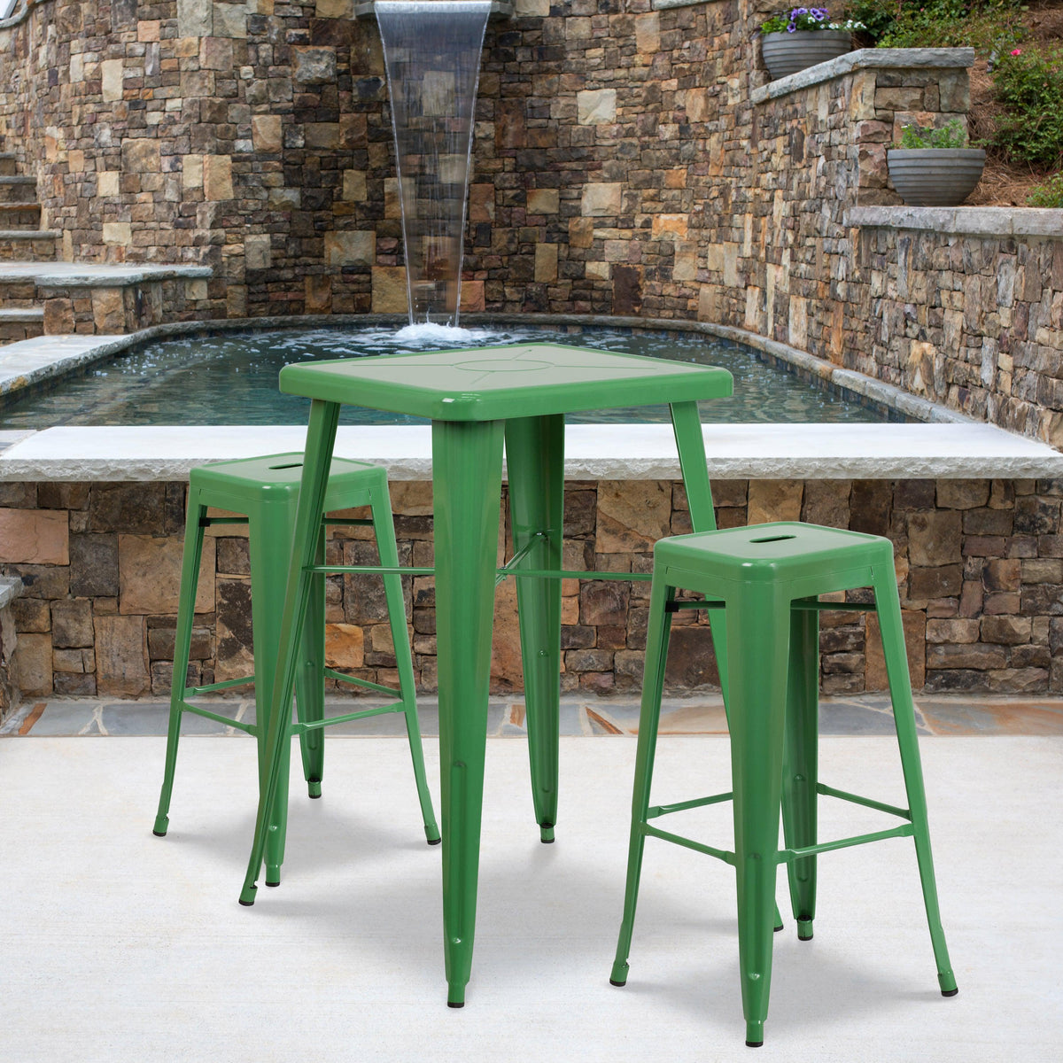 Green |#| 23.75inch Square Green Metal Bar Table Set with 2 Square Seat Backless Stools