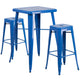 Blue |#| 23.75inch Square Blue Metal Bar Table Set with 2 Square Seat Backless Stools