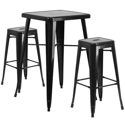23.75'' Square Metal Indoor-Outdoor Bar Table Set with 2 Square Seat Stools - View 1