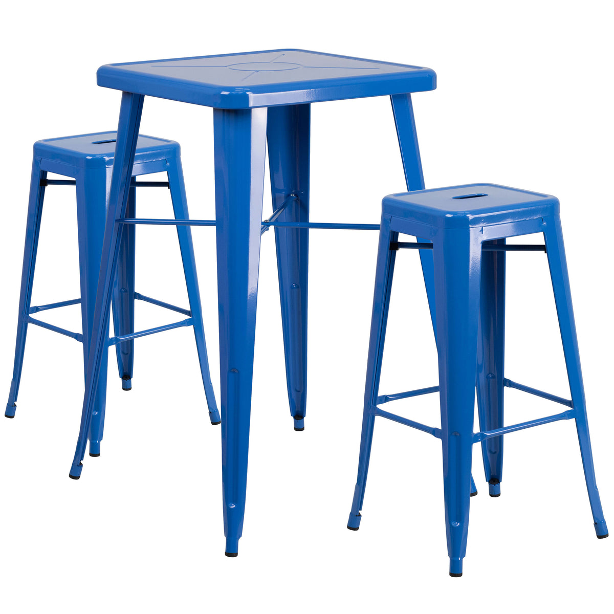 Blue |#| 23.75" Square Blue Metal Bar Table Set with 2 Square Seat Backless Stools