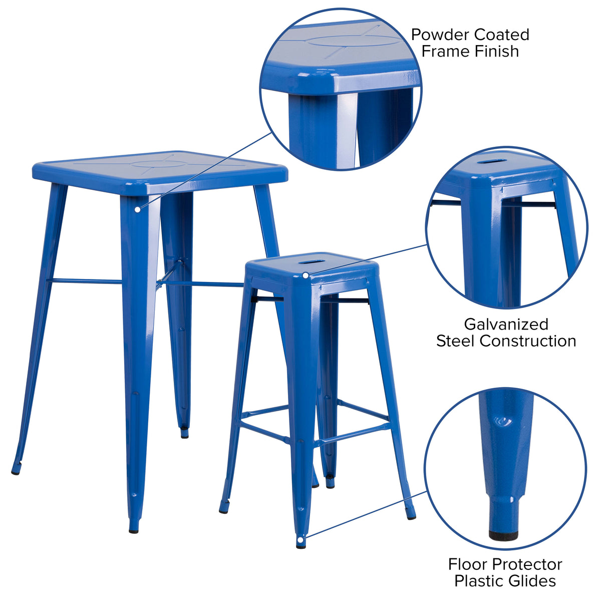 Blue |#| 23.75" Square Blue Metal Bar Table Set with 2 Square Seat Backless Stools