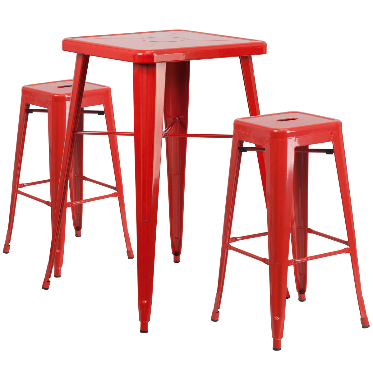 Red |#| 23.75" Square Red Metal Bar Table Set with 2 Square Seat Backless Stools