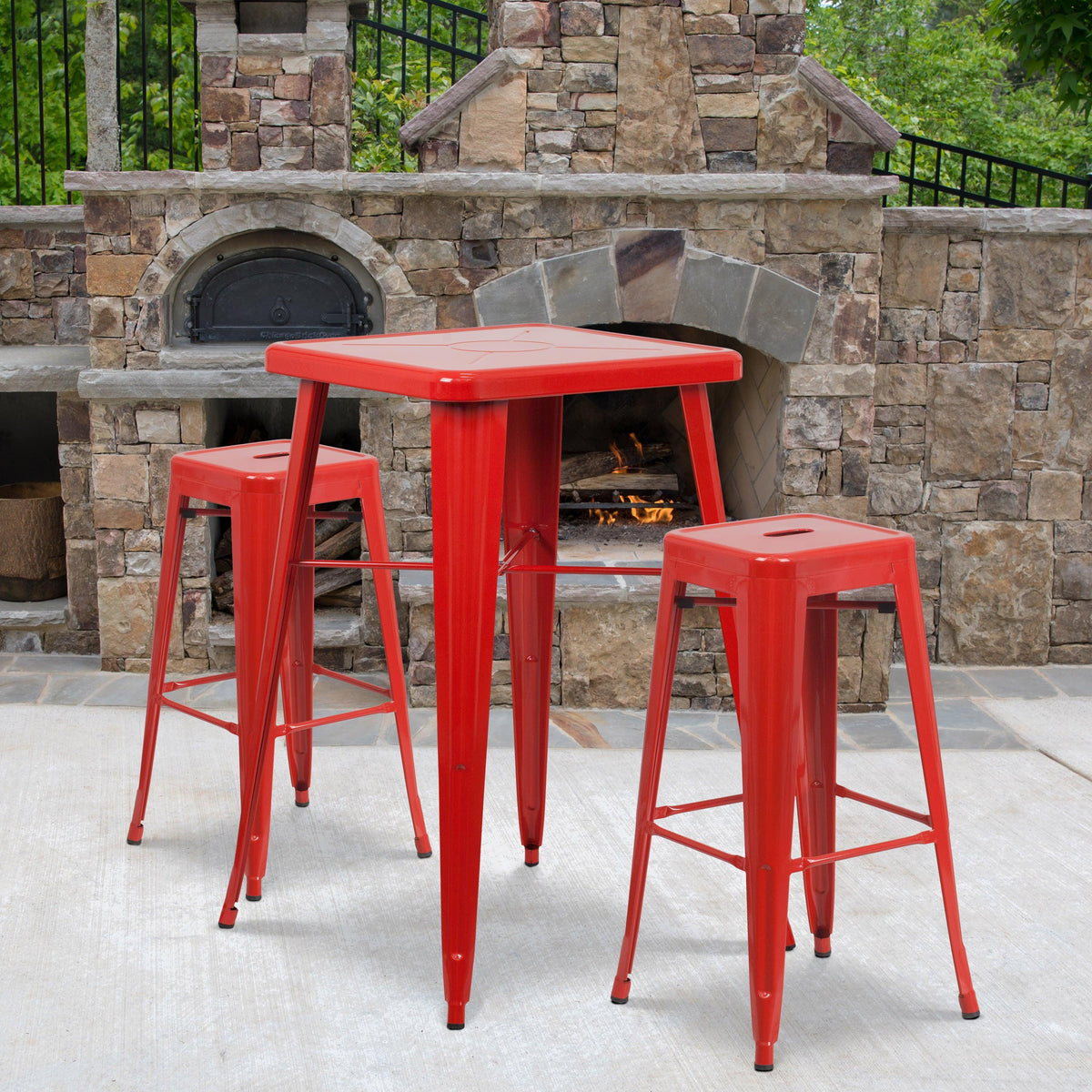 Red |#| 23.75" Square Red Metal Bar Table Set with 2 Square Seat Backless Stools