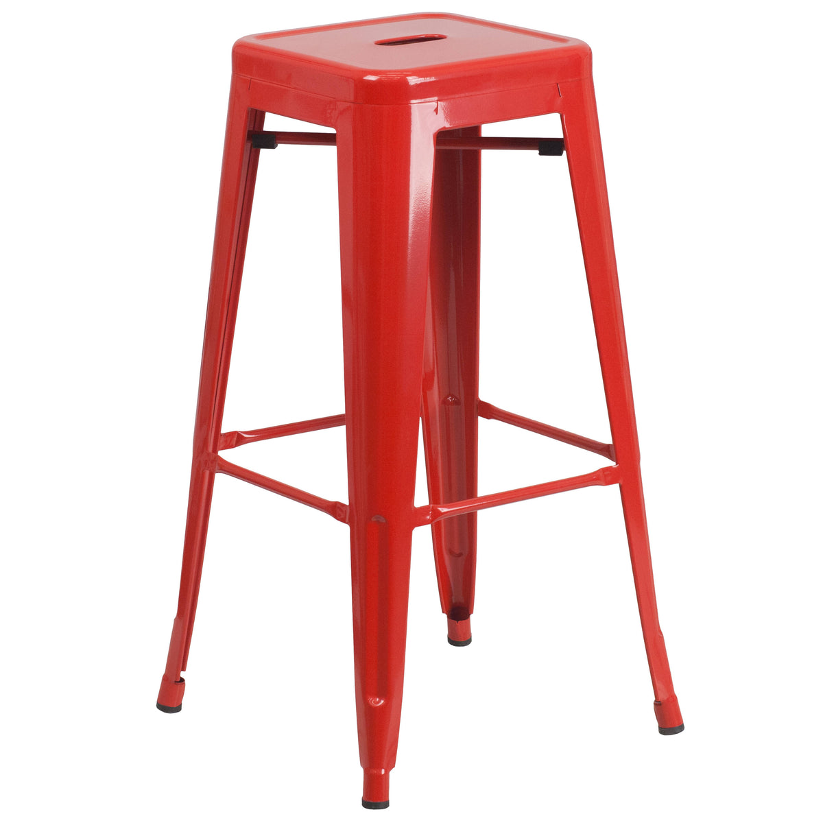 Red |#| 23.75" Square Red Metal Bar Table Set with 2 Square Seat Backless Stools