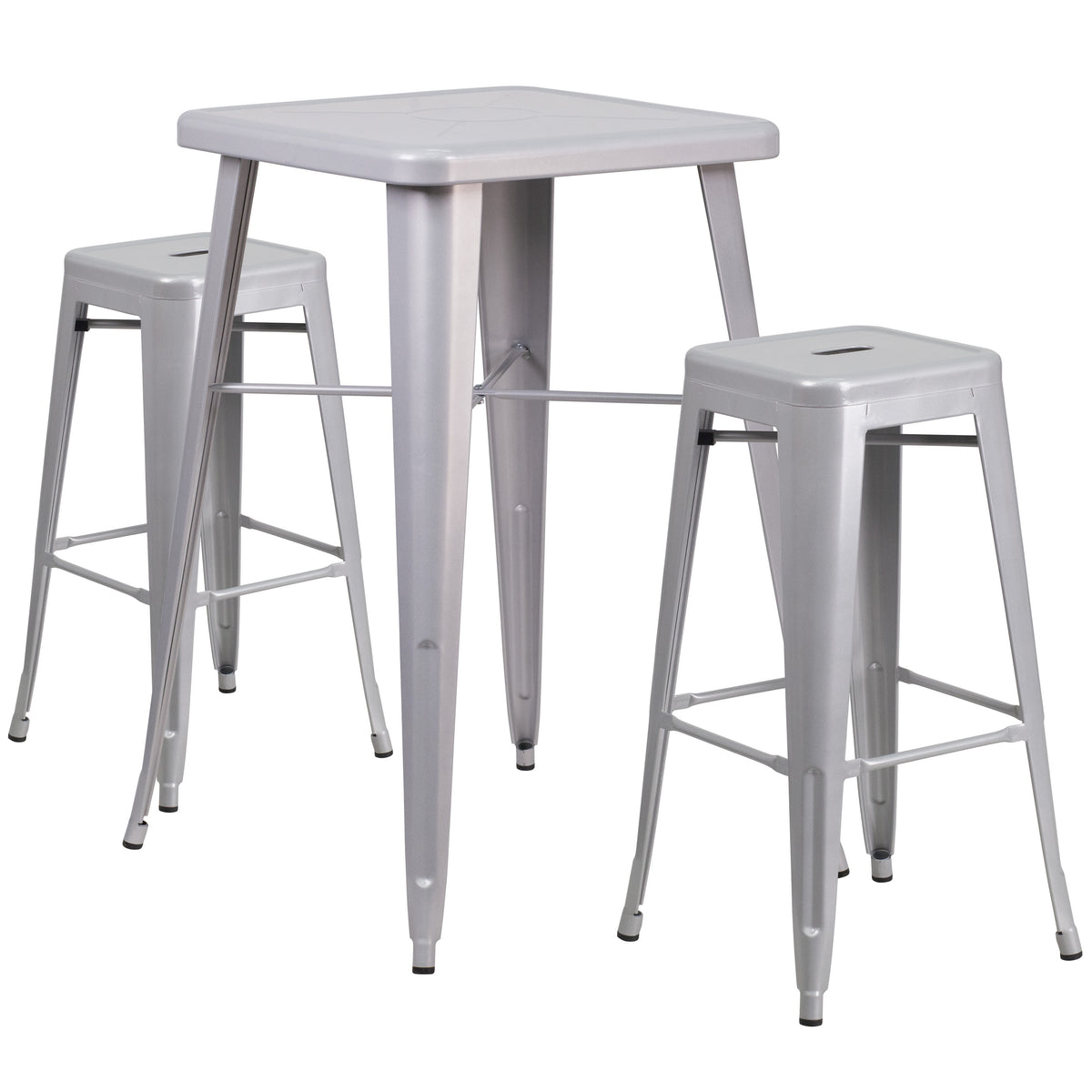 Silver |#| 23.75" Square Silver Metal Bar Table Set with 2 Square Seat Backless Stools