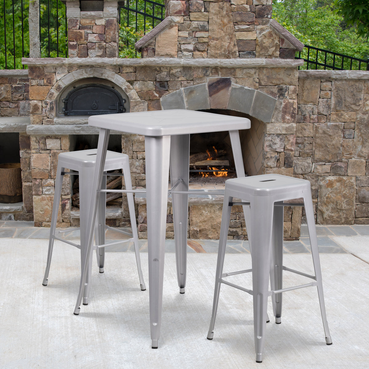 Silver |#| 23.75" Square Silver Metal Bar Table Set with 2 Square Seat Backless Stools