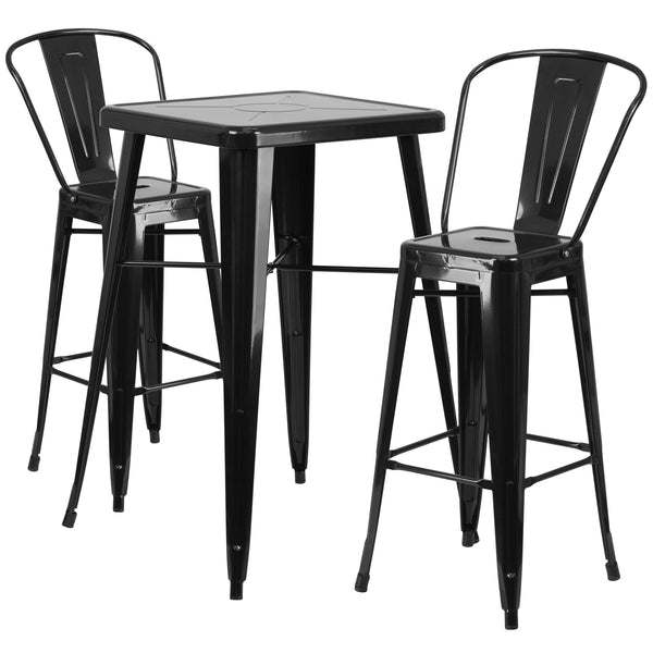 Black |#| 23.75inch Square Black Metal Indoor-Outdoor Bar Table Set with 2 Stools with Backs