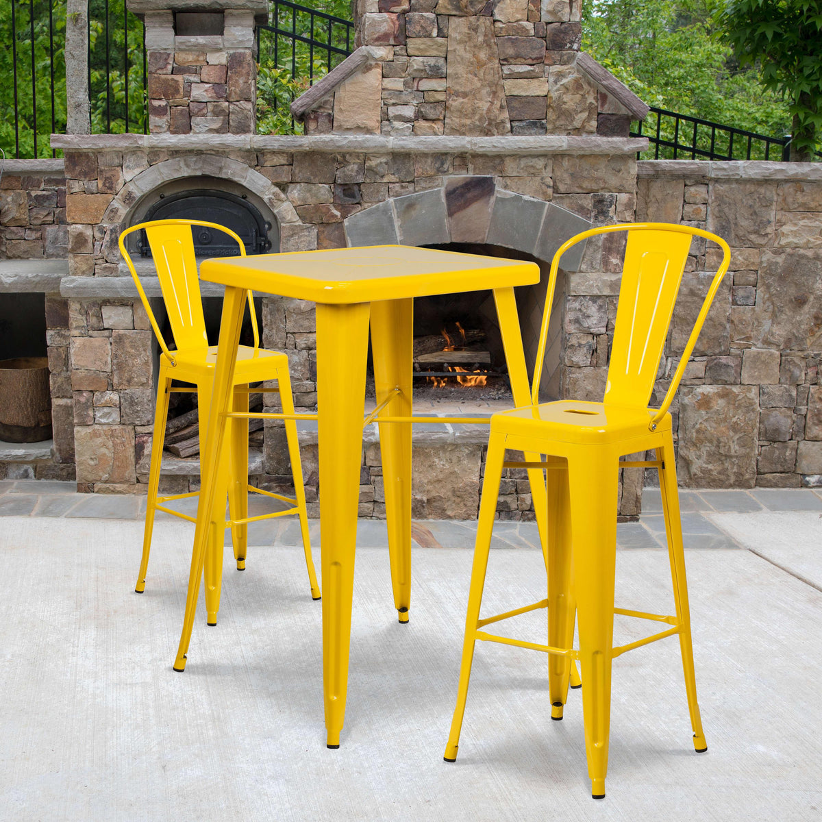 Yellow |#| 23.75inch Square Yellow Metal Indoor-Outdoor Bar Table Set w/ 2 Stools with Backs