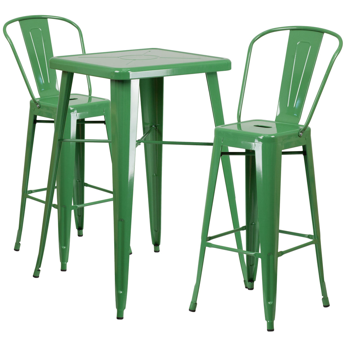 Green |#| 23.75inch Square Green Metal Indoor-Outdoor Bar Table Set with 2 Stools with Backs