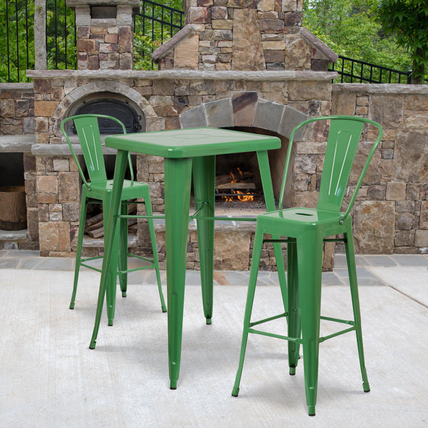 Green |#| 23.75inch Square Green Metal Indoor-Outdoor Bar Table Set with 2 Stools with Backs